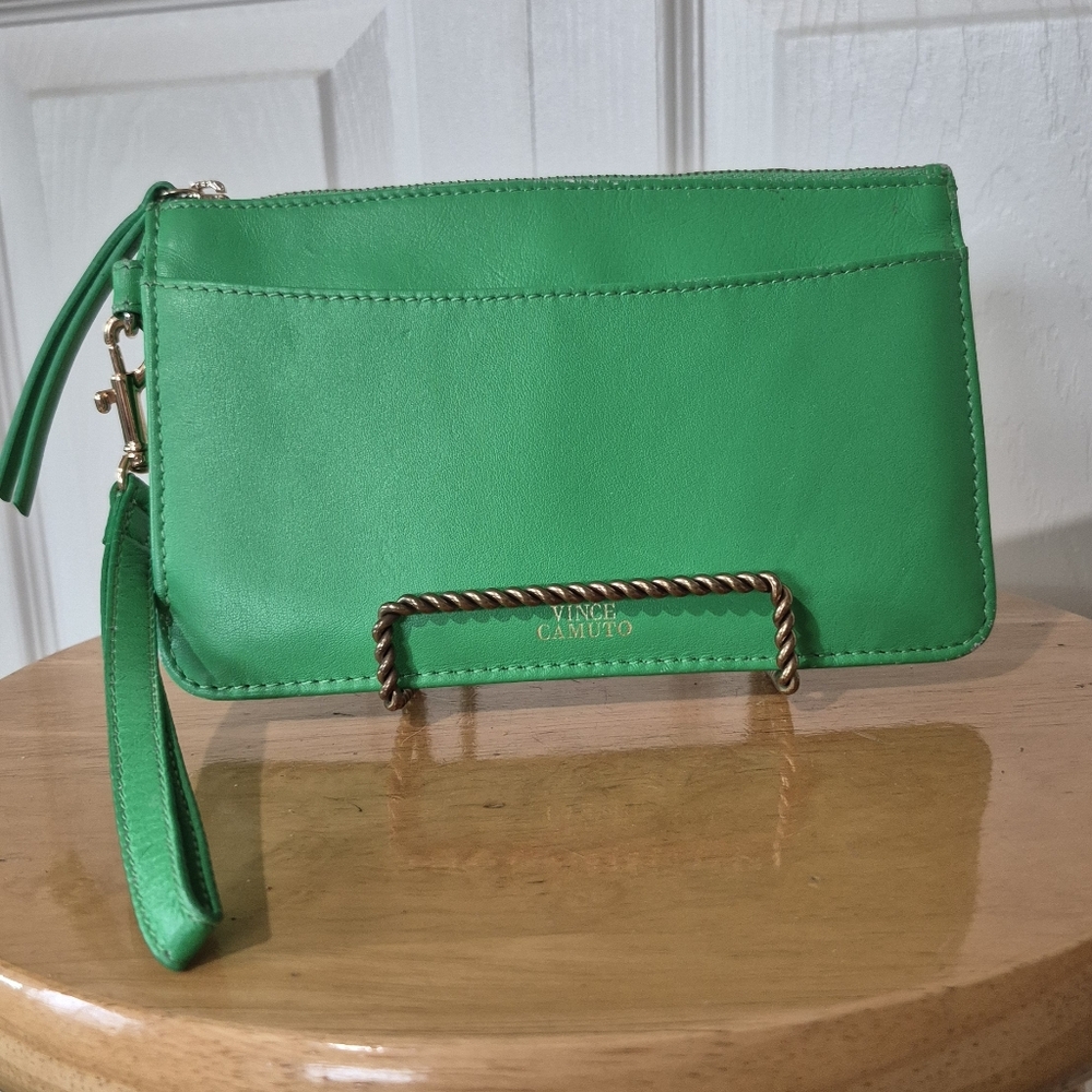 Vince Camuto Green Leather Wristlet Wallet With Gold Toned Hardware